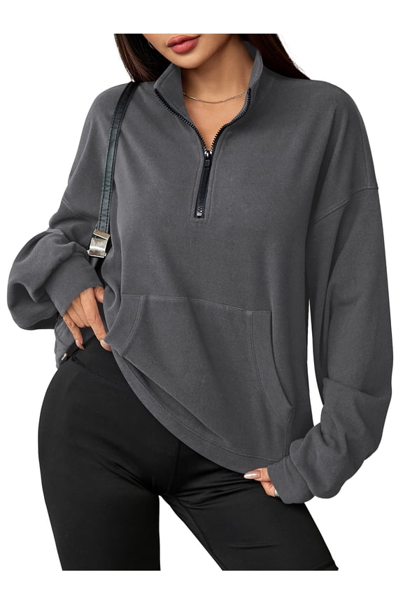 Sweatshirts for Women Oversized Fleece Tops Fall Half Zip V Neck Long Sleeve Drawstring Pullover Gray L