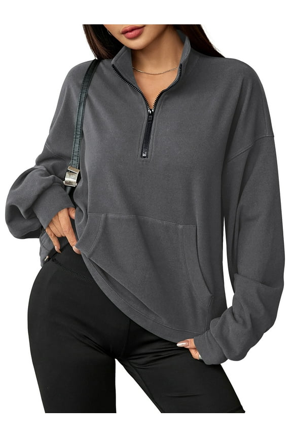 Sweatshirts for Women Oversized Fleece Tops Fall Half Zip V Neck Long Sleeve Drawstring Pullover Gray XL