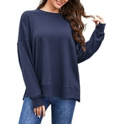 FANCYGLIM Sweatshirts for Women Plus Size Crew Neck Tunic Tops Long Sleeve Oversized Shirts Fleece Pullover with Pockets Thumb Holes Navy 2XL