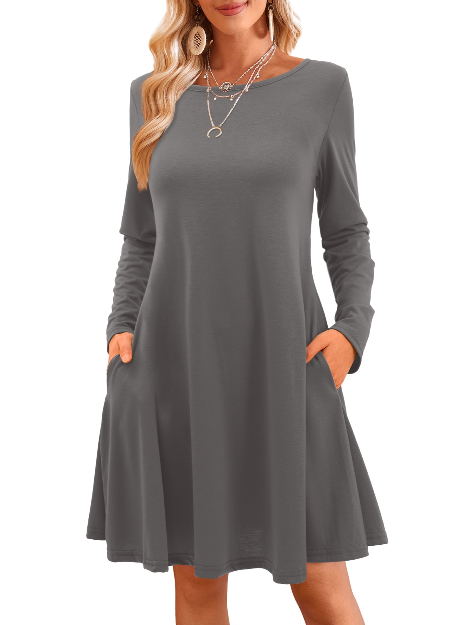 Wenrine Womens Dark Grey Cap Sleeve Crewneck T-Shirt Dress