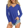 thumbnail image 1 of Fancyglim V Neck T Shirts for Women Plus Size Long Sleeve Solid Tunic Tops Blue XL, 1 of 9