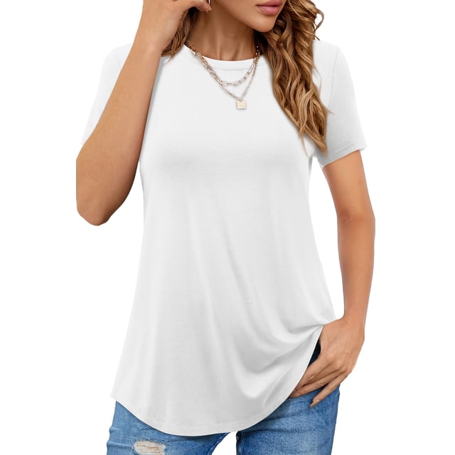 Fancyglim Woman Long Shirt Round Neck Tunic Tee Short Sleeve Flowy T ...