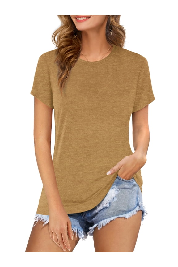 Women Basic T Shirts Crew Neck Short Sleeve Slim Fit Tops(Brown XL)