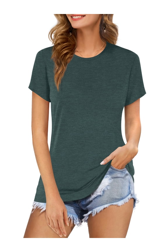 Women Basic T Shirts Crew Neck Short Sleeve Slim Fit Tops(Green XL)