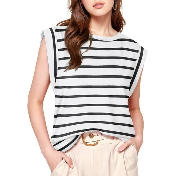 Fancyglim Women Cap Sleeve Tank Tops Loose Fit Crew Neck Summer Basic Tee Shirts Black Striped Large
