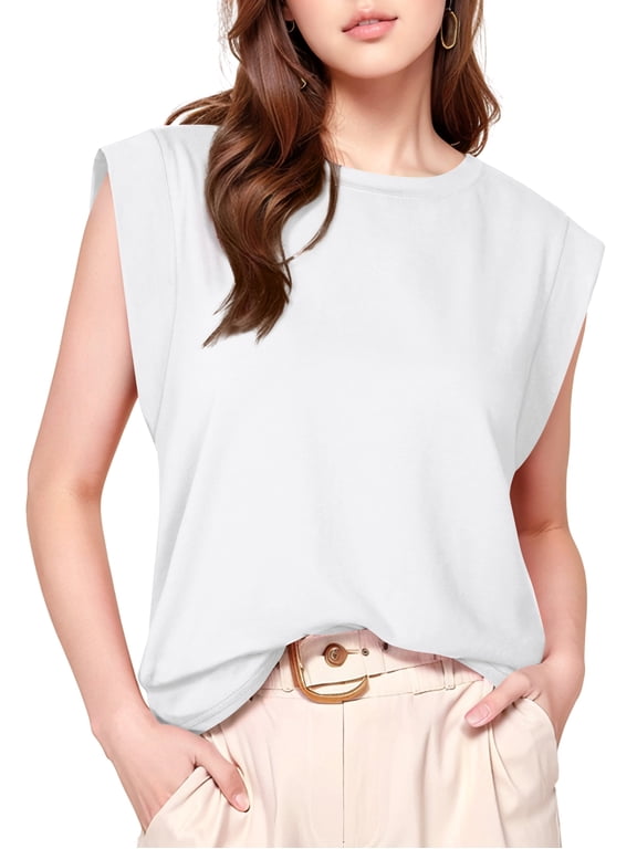 Women Cap Sleeve Tank Tops Loose Fit Crew Neck Summer Basic Tee Shirts White Medium