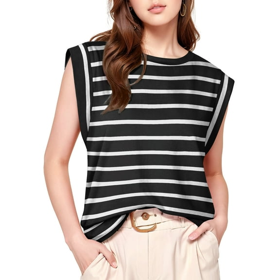 Fancyglim Women Cap Sleeve Tank Tops Loose Fit Crew Neck Summer Basic Tee Shirts White Striped Large
