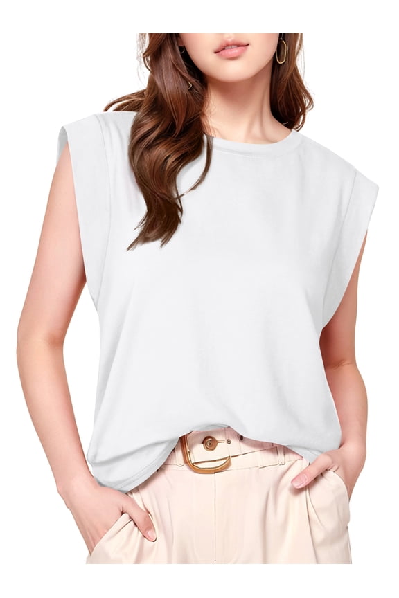 Women Cap Sleeve Tank Tops Loose Fit Crew Neck Summer Basic Tee Shirts White X Large