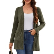 Fancyglim Women Cardigan Sweater Long Sleeve Button Down Lightweight Brushed Knit Tops with Pockets Green 2XL