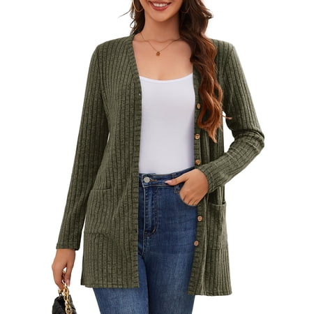 Fancyglim Women Cardigan Sweater Long Sleeve Button Down Lightweight Brushed Knit Tops with Pockets Green L