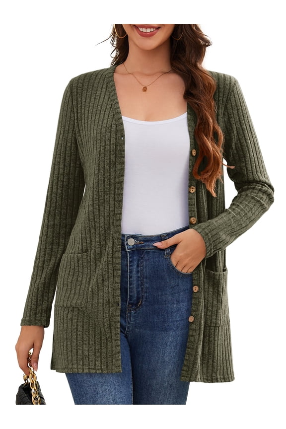 Women Cardigan Sweater Long Sleeve Button Down Lightweight Brushed Knit Tops with Pockets Green L