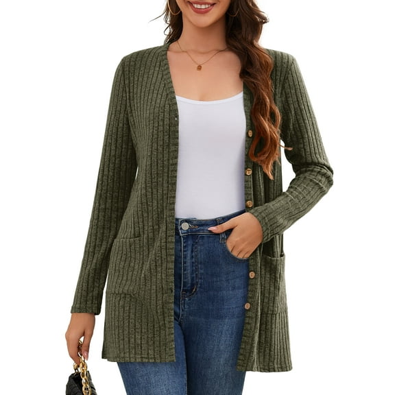 Fancyglim Women Cardigan Sweater Long Sleeve Button Down Lightweight Brushed Knit Tops with Pockets Green M
