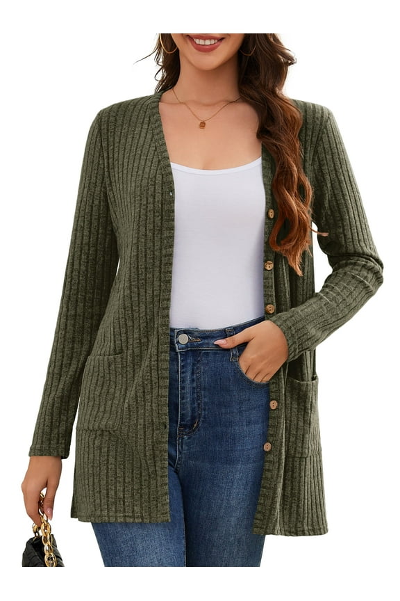 Women Cardigan Sweater Long Sleeve Button Down Lightweight Brushed Knit Tops with Pockets Green XL
