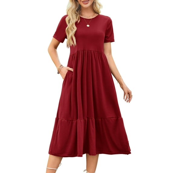 Fancyglim Women Casual Dresses Crew Neck Short Sleeve Swing Dress with Pockets Burgundy M