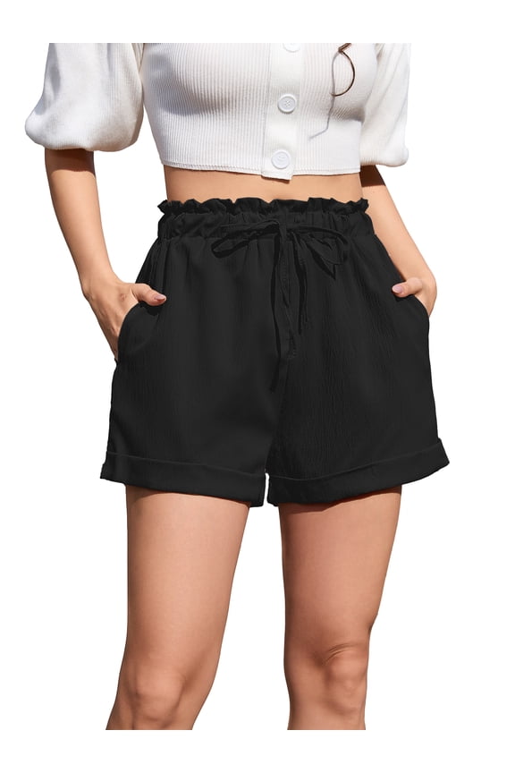 Women Casual Shorts Summer Elastic High Waist Drawstring Shorts Pants with Pockets Black XL