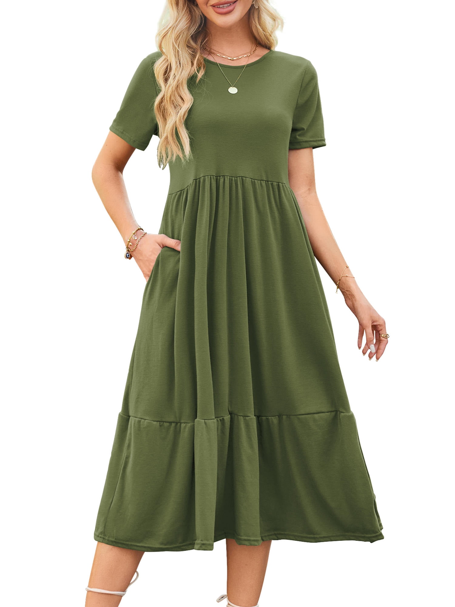 Fancyglim Women Crew Neck Dress Summer Short Sleeve Swing Midi Dresses Green L