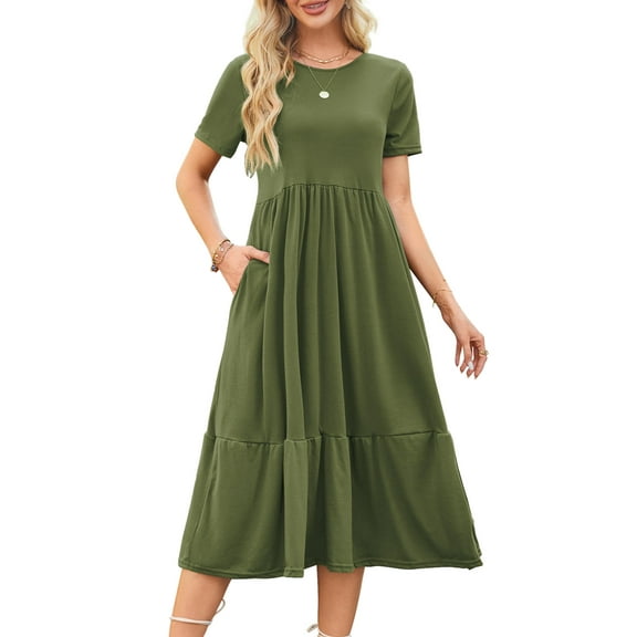 Fancyglim Women Crew Neck Dresses Short Sleeve Tiered Dress with Pockets Green XL