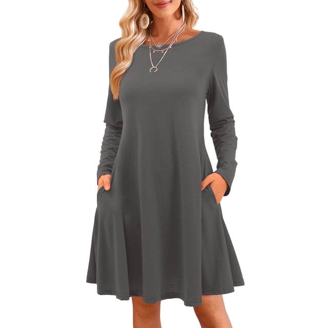 Fancyglim Women Crew Neck T Shirt Dress Long Sleeve Casual Swing Fall Dresses Grey L
