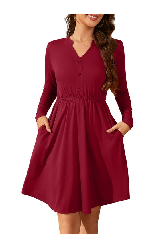 Women Dresses Long Sleeve V Neck Casual Button Fashion Fall Aline Dress with Pockets Burgundy XL
