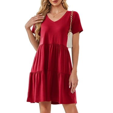 Fancyglim Women Dresses Plus V Neck Short Sleeve Casual Dress with Pockets M-4XL