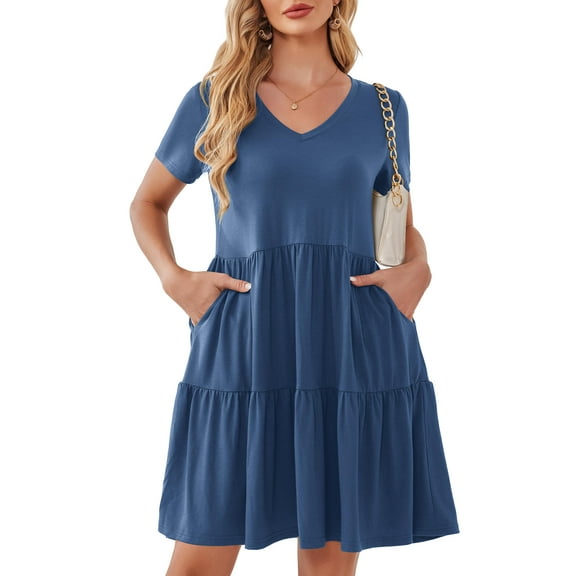 Fancyglim Women Dresses Plus V Neck Short Sleeve Casual Dress with Pockets M-4XL