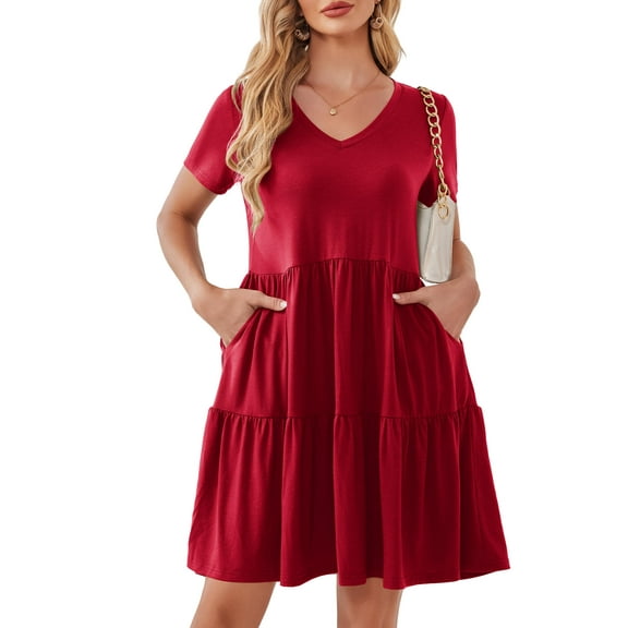 Fancyglim Women Dresses Plus V Neck Short Sleeve Casual Dress with Pockets M-4XL