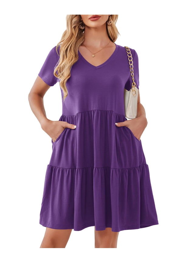 Women Dresses Plus V Neck Short Sleeve Casual Dress with Pockets M-4XL