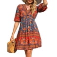 thumbnail image 1 of Fancyglim Women Dresses Summer V Neck Beach Dress Casual 3/4 Short Sleeve Ballon Floral Flowy Boho Babydoll Mini Short Sundress Orange S, 1 of 5
