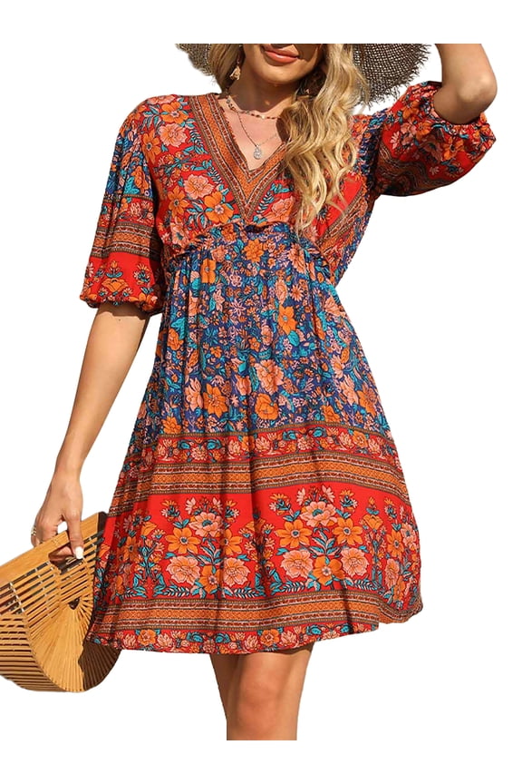 Women Dresses Summer V Neck Beach Dress Casual 3/4 Short Sleeve Ballon Floral Flowy Boho Babydoll Mini Short Sundress Orange S