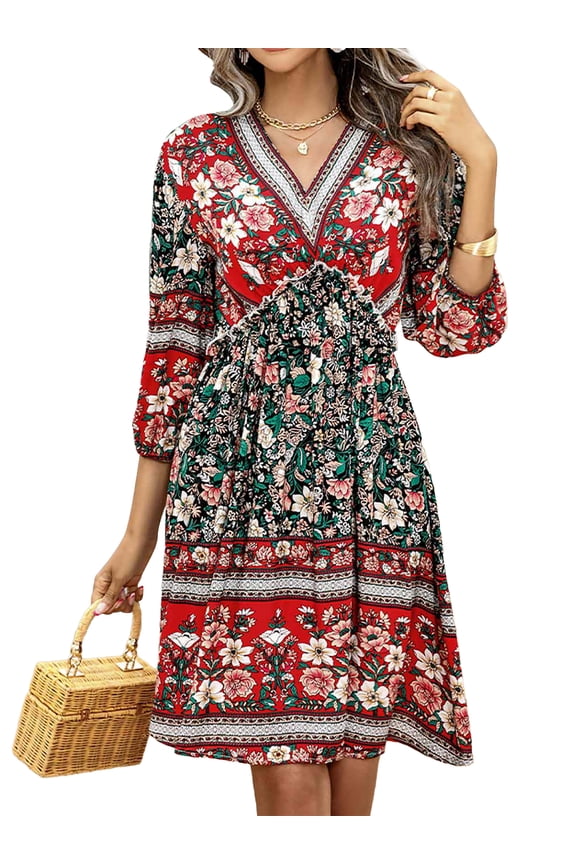 Women Dresses Summer V Neck Beach Dress Casual 3/4 Short Sleeve Ballon Floral Flowy Boho Babydoll Mini Short Sundress Red XL