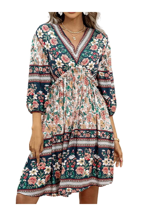 Women Dresses Summer V Neck Beach Dress Casual 3/4 Short Sleeve Ballon Floral Flowy Boho Babydoll Mini Short Sundress White M