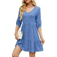 thumbnail image 1 of Fancyglim Women Dresses V Neck Long Sleeve Casual Flowy Button Tiered Aline Short Dress Blue XL, 1 of 6