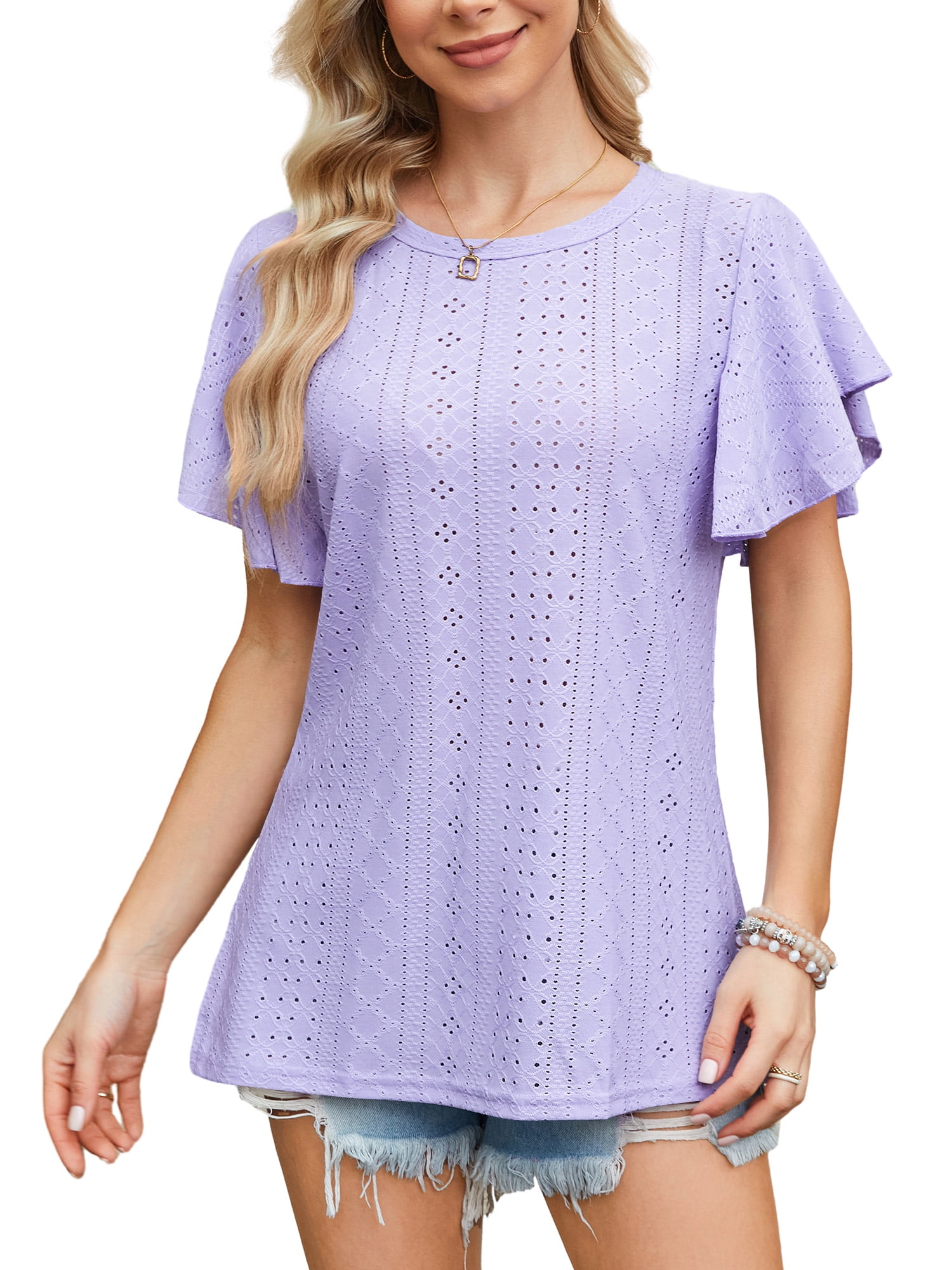 Fancyglim Women Flutter Short Sleeve Top Summer Crew Neck Tunic Shirt ...