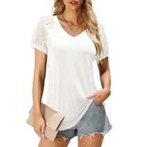 Fancyglim Women Hollow Out Short Sleeves Tshirts V Neck Long Tunic Tops, White XL