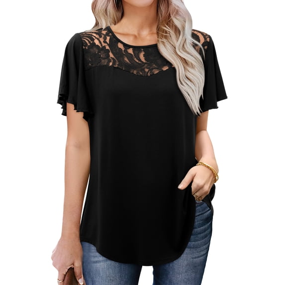 Fancyglim Women Lace Shirts Short Sleeve Casual T-Shirts Curved Hem Tops, Black L
