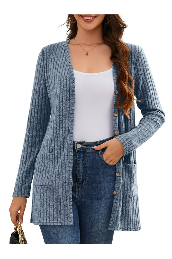 Women Lightweight Cardigan Long Sleeve Button Down V Neck Casual Knit Fall Sweater Blue M