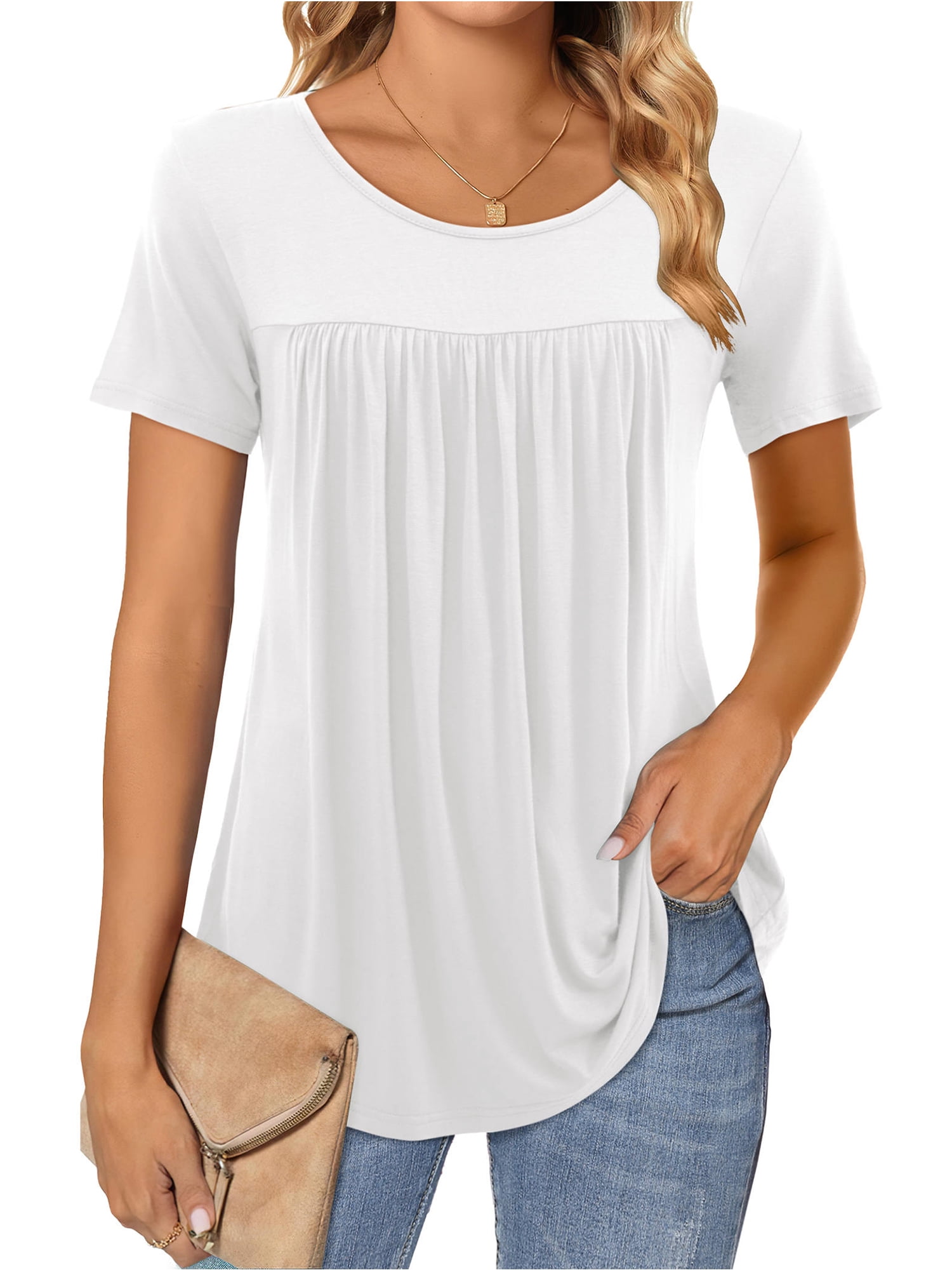 Fancyglim Women Long Shirts Tunic Tops Casual Round Neck Curved Hem ...