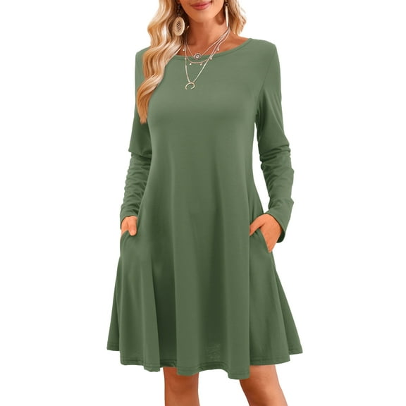 Fancyglim Women Long Sleeve Dresses Loose Fit Casual Swing T Shirt Dress Green M