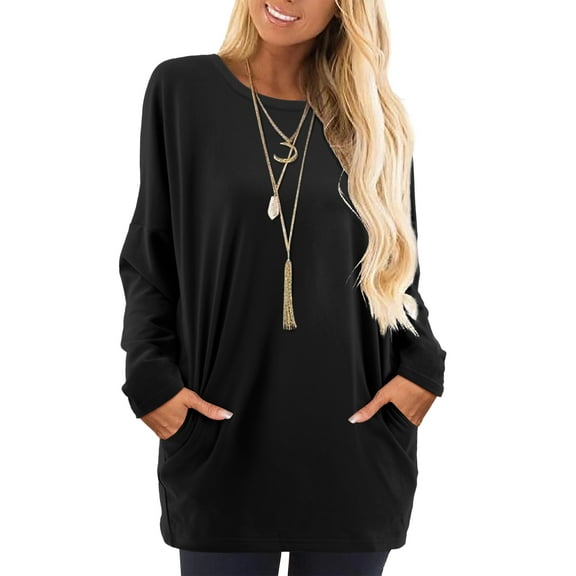 Fancyglim Women Long Sleeve Shirts Casual Tops Loose Tunic Tops with Pockets Black 2XL