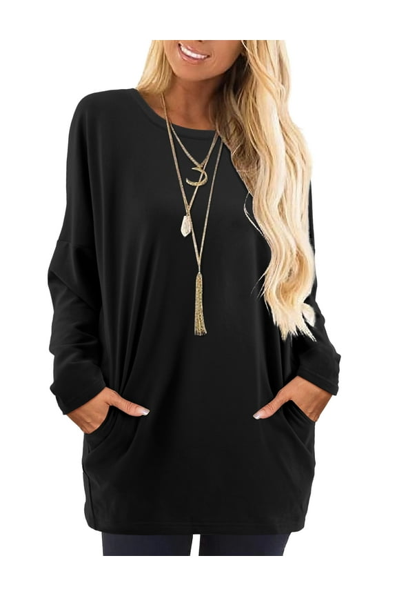 Women Long Sleeve Shirts Casual Tops Loose Tunic Tops with Pockets Black 2XL
