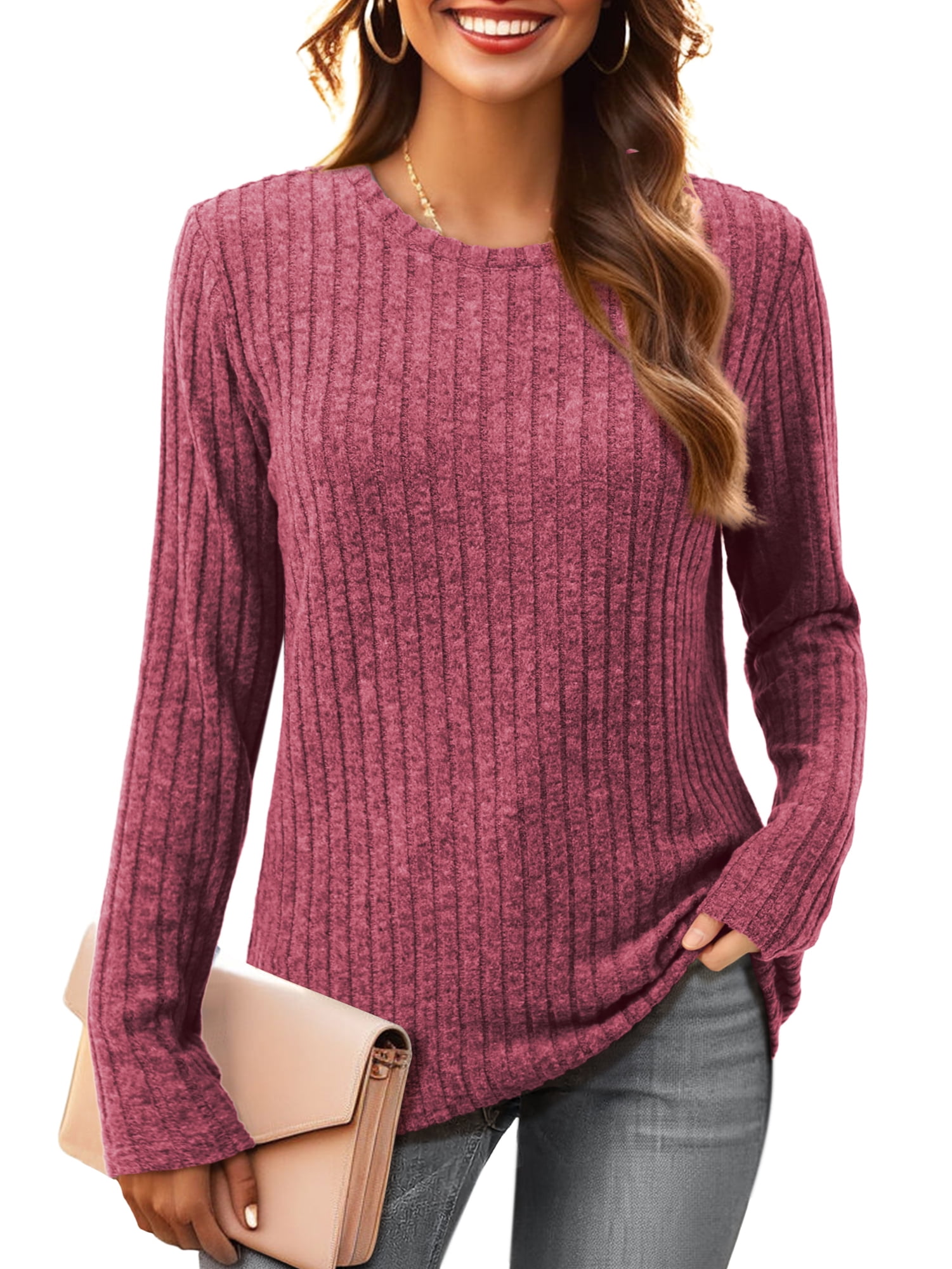 Fancyglim Women Long Sleeve Shirts Crew Neck Casual Tunic Tops Sweaters ...