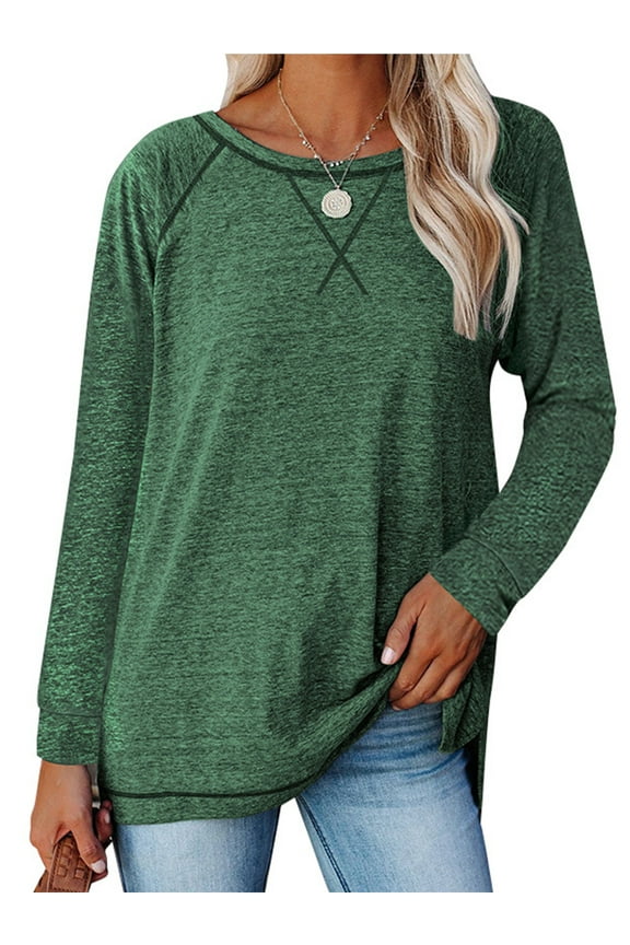Sweatshirt for Women Long Sleeve Shirt Loose Crew Neck Tunic Tops for Lady Fall Fashion Side Slit Blouse Pullover Green XL