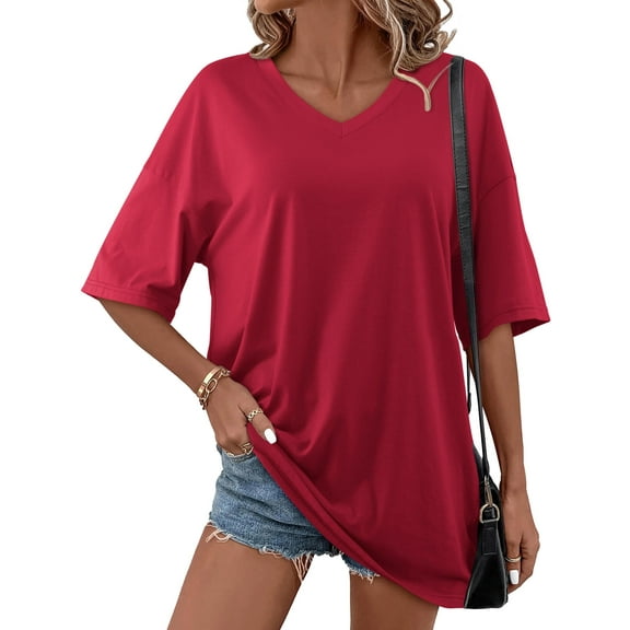 Fancyglim Women Oversized Tunic Short Sleeve V Neck Casual T-Shirts Burgundy 2XL