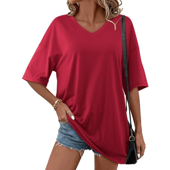 Fancyglim Women Oversized Tunic Short Sleeve V Neck Casual T-Shirts Burgundy S