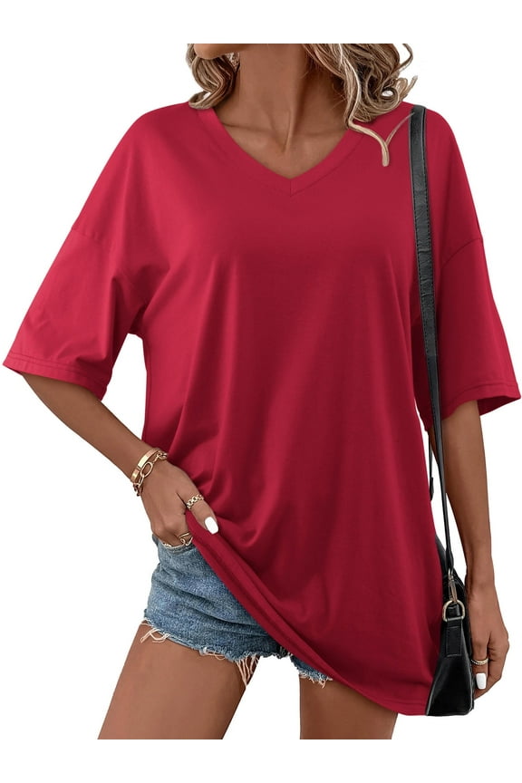 Women Oversized Tunic Short Sleeve V Neck Casual T-Shirts Burgundy XL