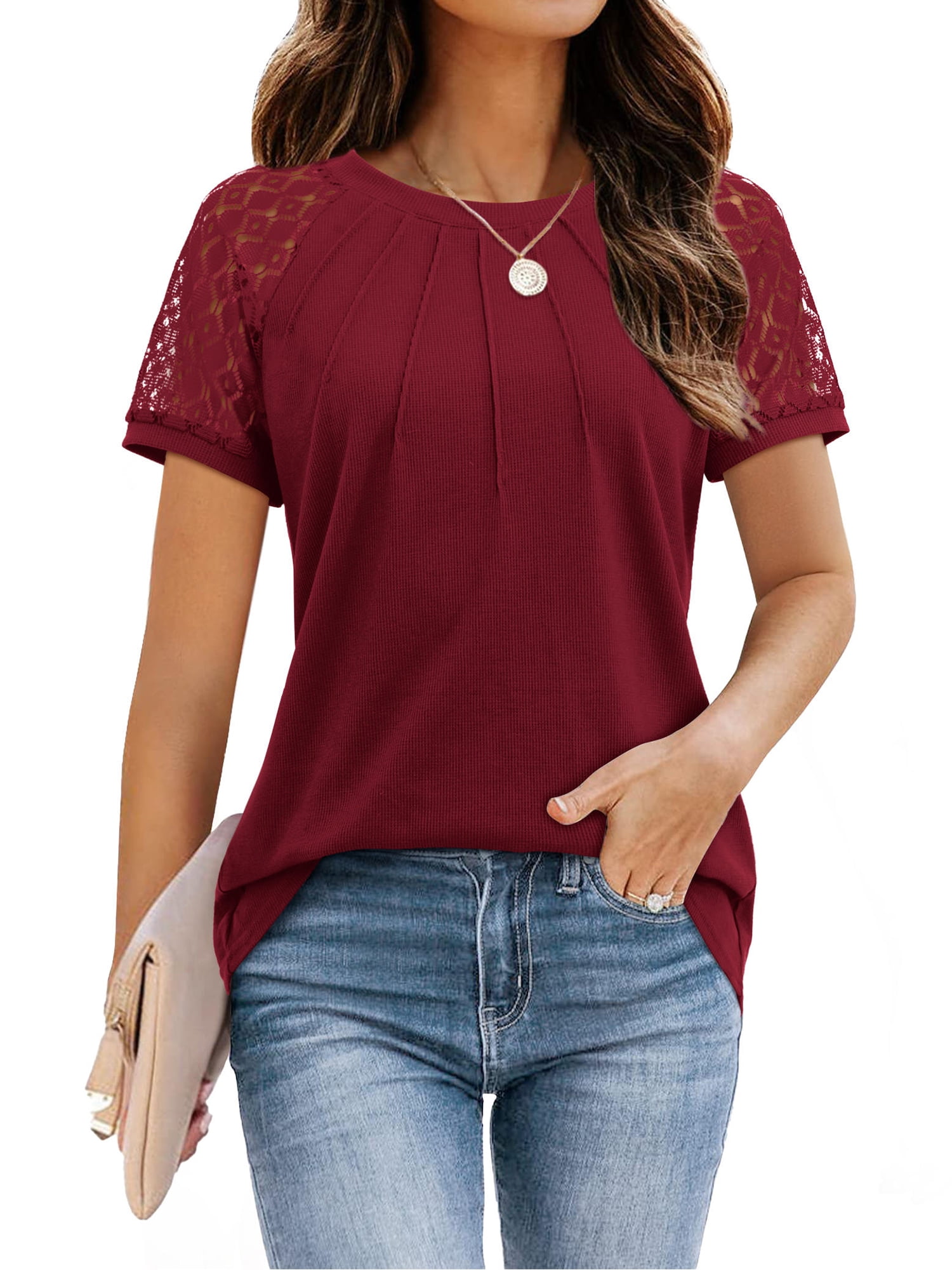 Fancyglim Women Pleated Blouse Crew Neck Shirts Short Sleeve Tunic Tops ...