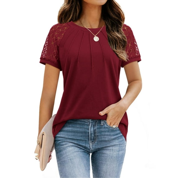 Fancyglim Women Pleated Blouse Crew Neck Shirts Short Sleeve Tunic Tops Burgundy XL