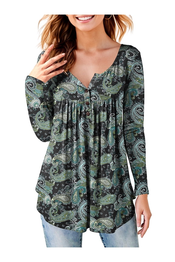 Women Plus Henley Shirt Casual Long sleeve V Neck Flared Blouse Tunic Tops Black 3XL