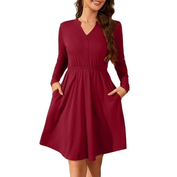 Fancyglim Women Plus Size Dresses Long Sleeve V Neck Casual Button Fashion Fall Aline Dress with Pockets Burgundy 3XL