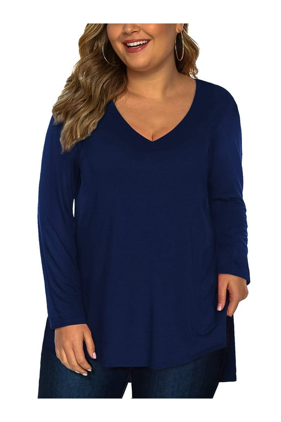 Women Plus Size Shirt Long Sleeve V Neck Tee High Low Tops(Blue 3X)